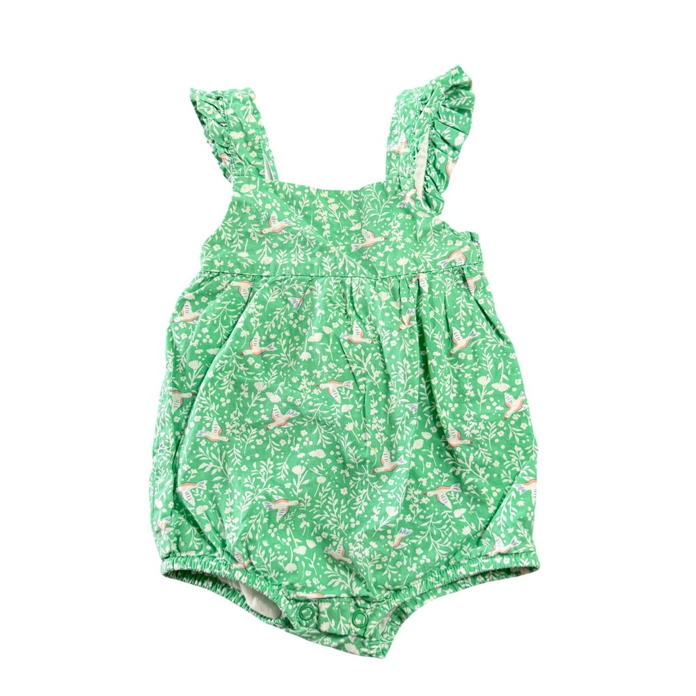 Baby Boden Green Bird Floral Ruffle Bubble Romper 0-3M 62cm